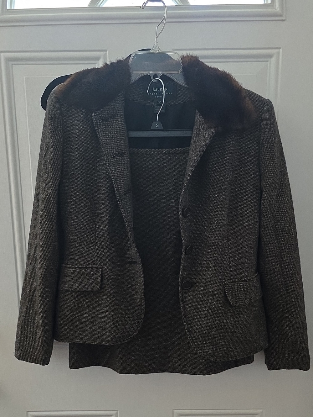 Lauren Ralph Lauren Dark Brown Tweed Blazer with Fur Collar And Matching Skirt